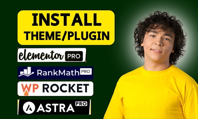 install wordpress theme, elementor pro, astra pro, rank math pro, wp rocket