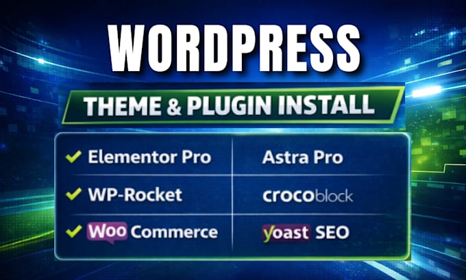 install wordpress theme, elementor pro, astra pro, rank math pro, wp rocket