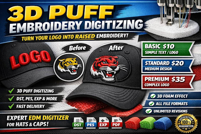 do professional 3d puff embroidery digitizing into dst,pes