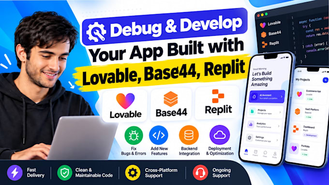 debug and develop your app built with lovable, base44,replit