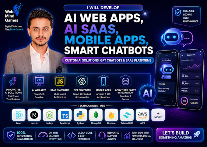 develop ai web apps, ai saas, mobile apps, smart chatbot