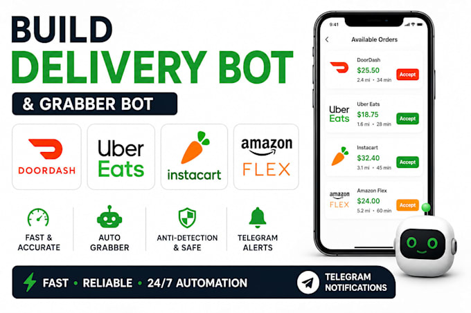build instacart doordash uber eats amazon flex delivery bot and grabber bot