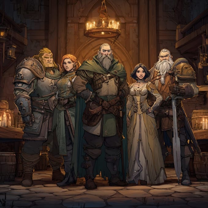 do group party character art, dnd party