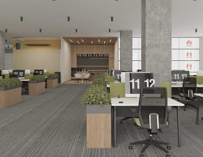 redesign commercial space interior, office 3d rendering, coffee area,workstation