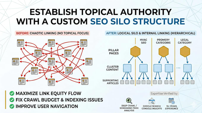 build SEO internal linking and silo structure plan for authority