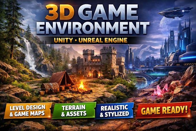 do 3d game environment unity unreal engine game map, level design terrain, asset