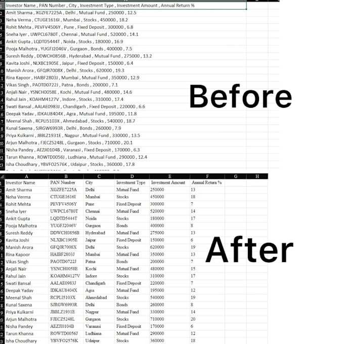 clean, format, merge, split excel data