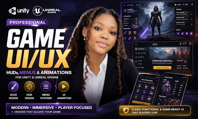 ui ux design, hud, menu and animation for unity or unreal engine game