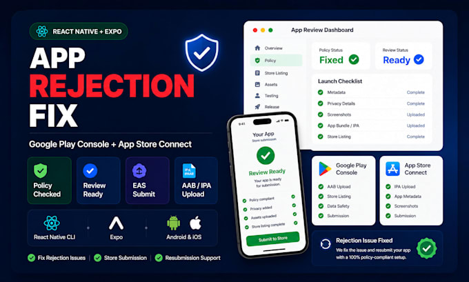 submit, fix rejection, and publish your app on app store and google play