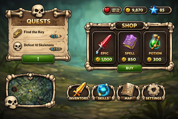 design and script a stylized skeletal roblox UI, gui with custom game interface