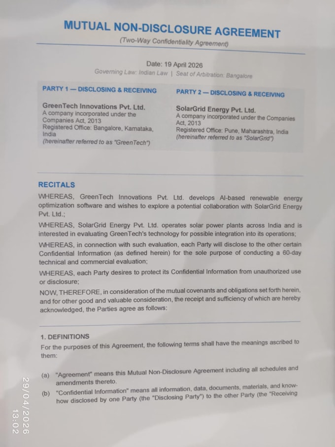 draft nda, non compete agreement and terms and conditions