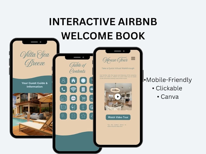 design an interactive airbnb or vacation rental welcome book in canva