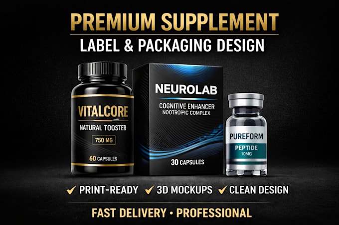 create high end supplement bottle label and box packaging design for medic