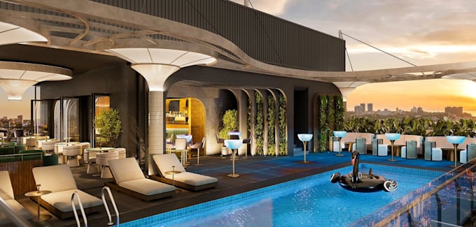 recreate luxury rooftop lounge,bar restaurant design,poolside terrace,cgi render