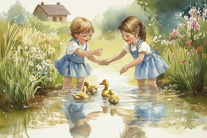 create whimsical watercolor children illustration