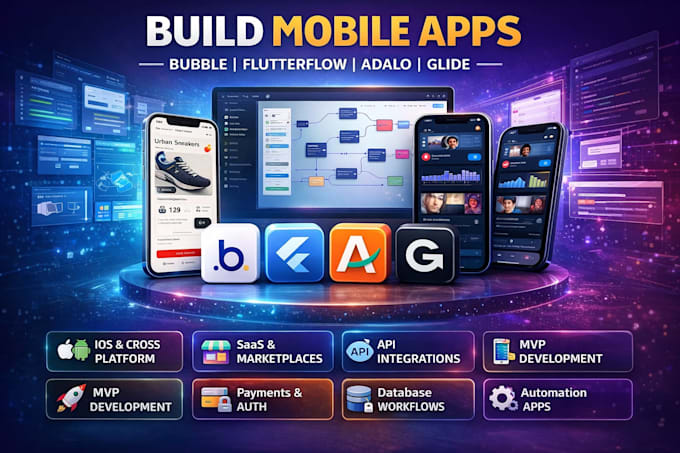 develop build bubble mobile app flutterflow adalo glide app ios app development