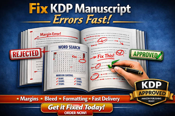 fix rejected KDP book cover or manuscript formatting errors fast