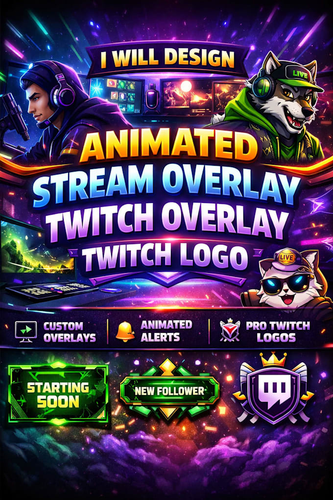 design animated stream overlay, twitch overlay, twitch logo