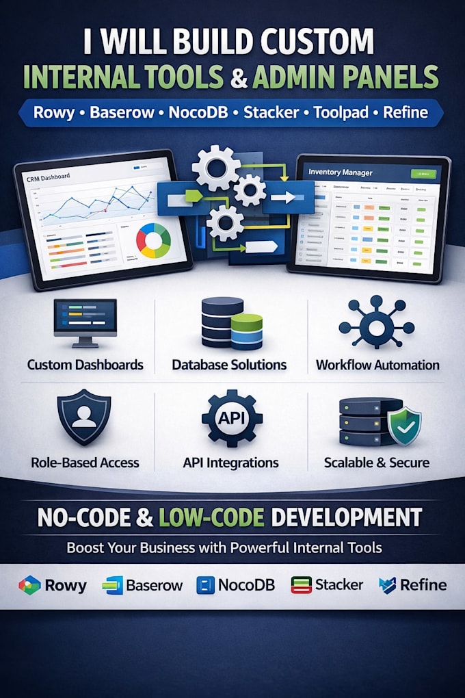 build custom internal tools and admin panels using rowy baserow nocodb stacker