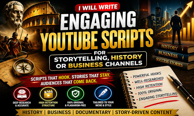 Write an engaging youtube scripts for storytelling history or business ...