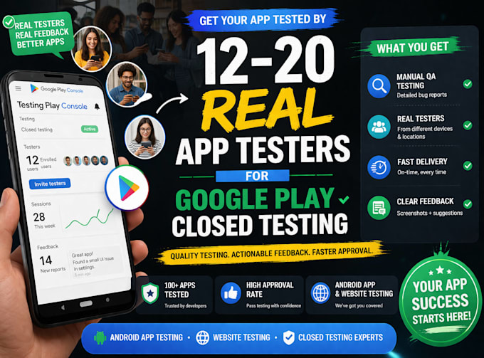 provide 12 testers for your google play console closed testing do qa testing