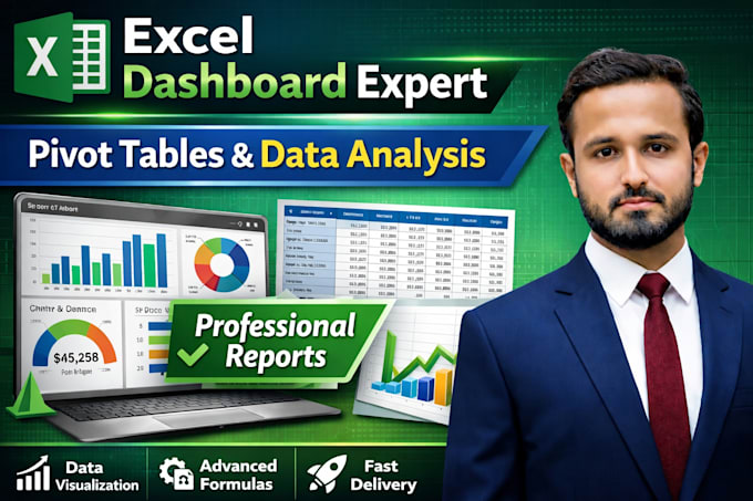 do excel data analysis, dashboards, formulas, and data visualization