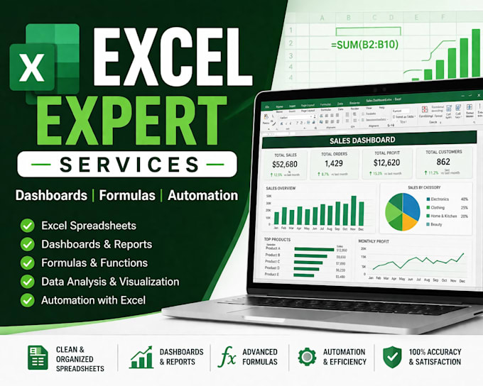 create excel spreadsheets, dashboards, formulas, and automation