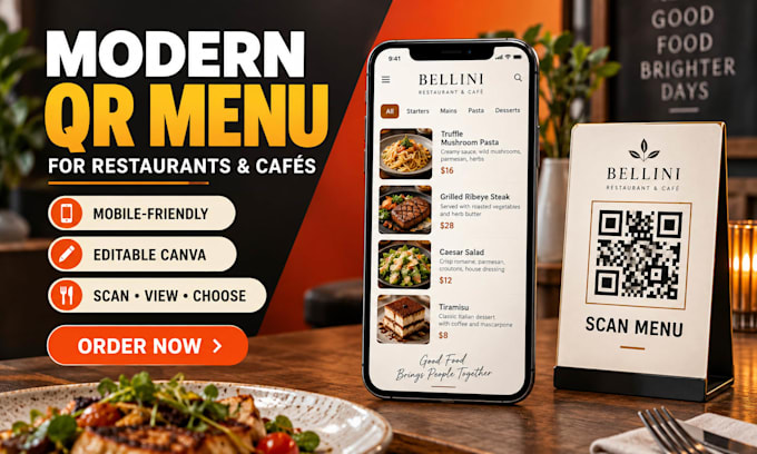 design a modern qr code menu, mobile restaurant menu design, digital menu design