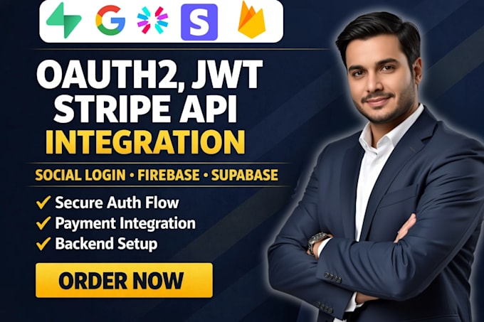 integrate oauth2, jwt, social login, stripe API, firebase and supabase backend