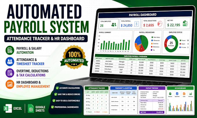 create employee payroll spreadsheet, attendance tracker and HR system in excel