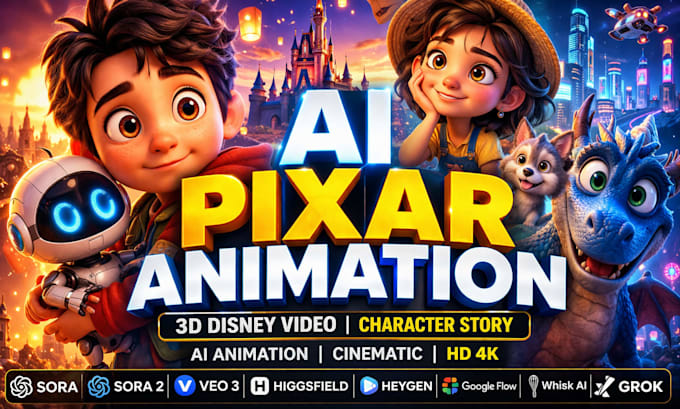 Create ai pixar animation style video 3d disney pixar character story ...