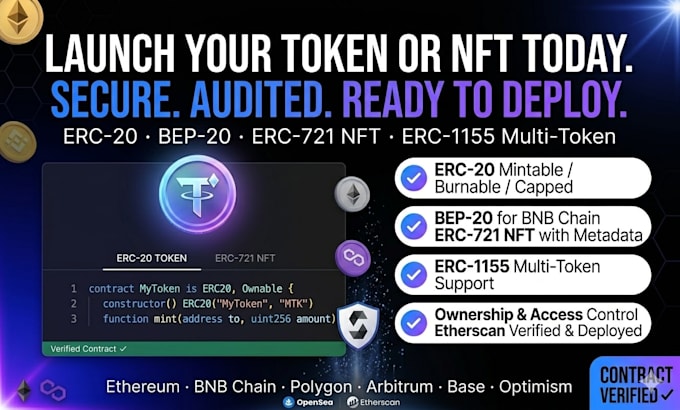 create a secure erc20, bep20, erc721 token and nft smart contract