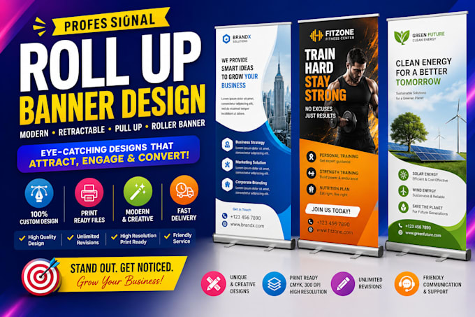 design roll up banner, modern retractable banner, pull up, or roller banner