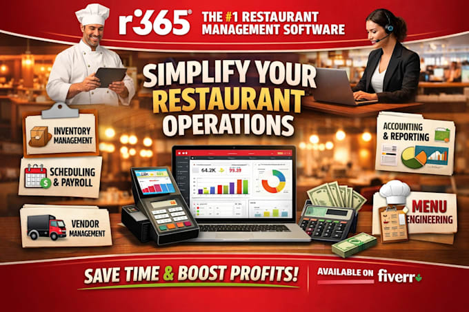 handle restaurant365 , r365 setup, bookkeeping, and financial reporting