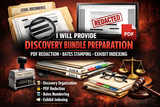 discovery bundle preparation, PDF redaction, bates stamping and exhibit indexing