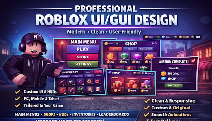 design roblox ui ux, custom gui, game ui design, scripting and roblox gui