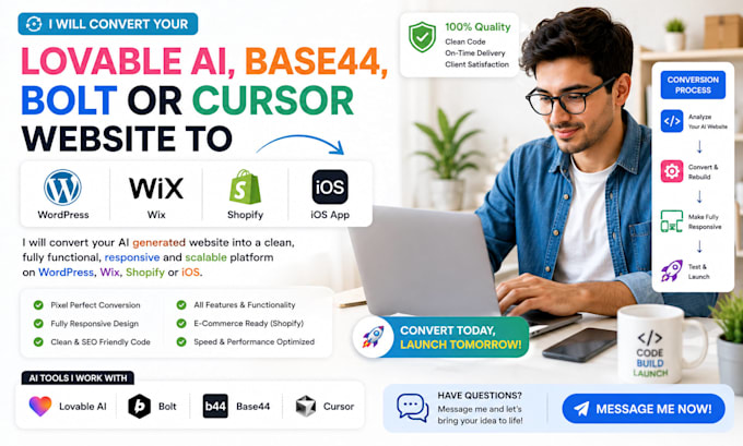 convert lovable ai base44 bolt cursor website to wordpress app wix shopify ios
