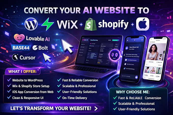 convert lovable ai base44 bolt cursor website to wordpress app wix shopify ios
