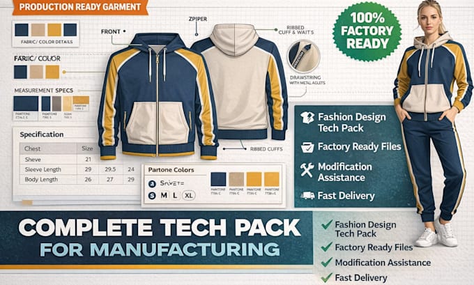 create production ready clothing tech pack, technical drawing for manufacturing