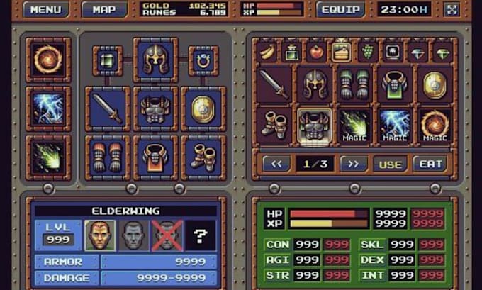 Create retro pixel art game ui pixel gui hud and game assets for rpg ...
