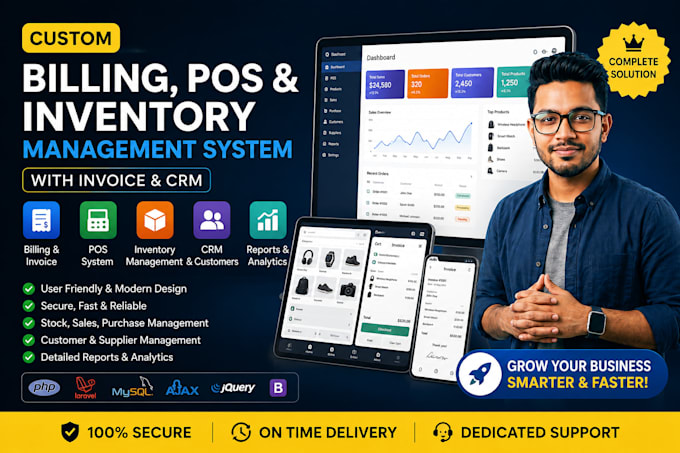 build a custom biling, pos, inventory management system with invoice and CRM