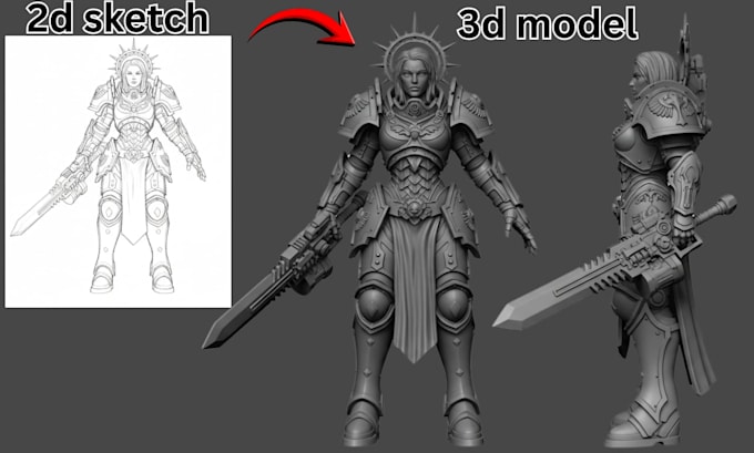 convert 2d to 3d model, stl file repair, 3d sculpt for 3d printing and painting