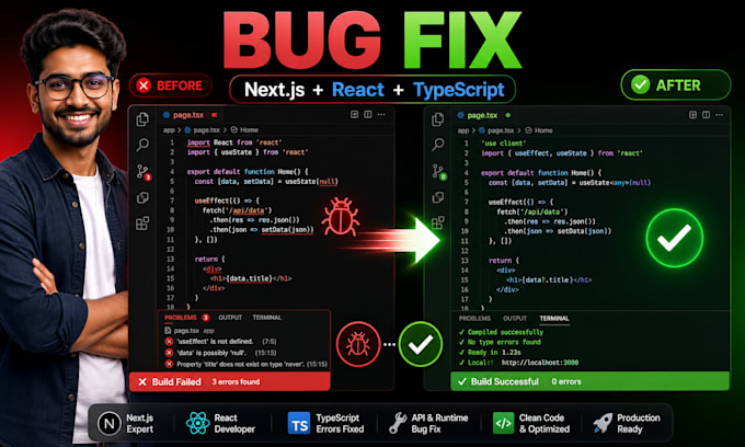 fix nextjs react typescript and nodejs bugs fast