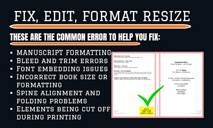 fix format paperback rejection, margin error, print book resizing fix manuscript