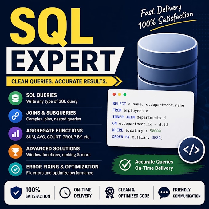 write sql queries, joins, subqueries and fix database errors