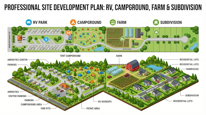 design 2d site plan, 3d landscape render, rv park campground, subdivision layout