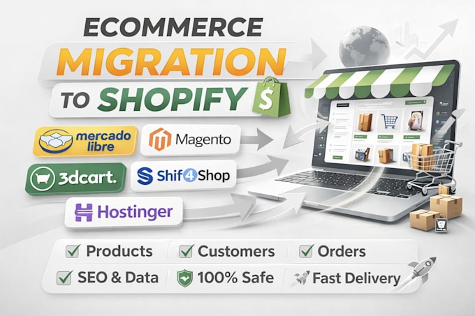 migrate mercado libre, magento, 3dcart, hostigner, and shift4shop to shopify