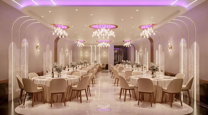 Renovar interior elegante de salón de baile, salón de banquetes de boda ...