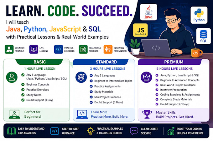 teach you java, python, js, sql with real world problems