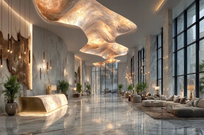 photorealistic lobby interior render, reception design, house interior lighting